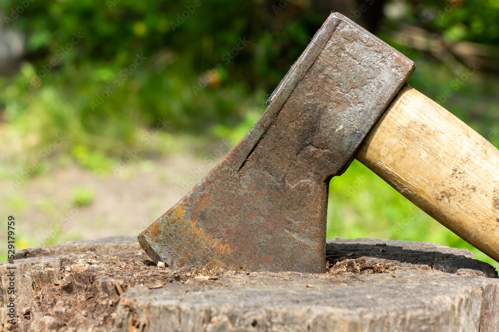 An ax sticking out of a log. Preparation of firewood. An ax sticking out of a log. Preparation of firewood.