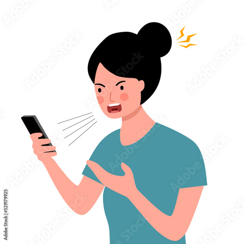 Angry woman talking on phone in flat design on white background.