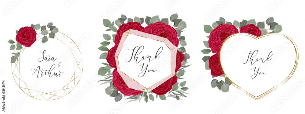Vector Floral Collection. Set of gold frames with red roses and green leaves. Eucalyptus, green plants and flowers Vector Floral Collection. Set of gold frames with red roses and green leaves. Eucalyptus, green plants and flowers