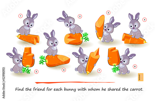 Logic game for smartest. 3D puzzle. Find the friend for each bunny with whom he shared the carrot. Play online. Developing spatial thinking. Page for brain teaser book. IQ test. Vector illustration.