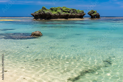 Breathtaking view of a crystal clear turquoise natural pool of the sea, green coastal rocks