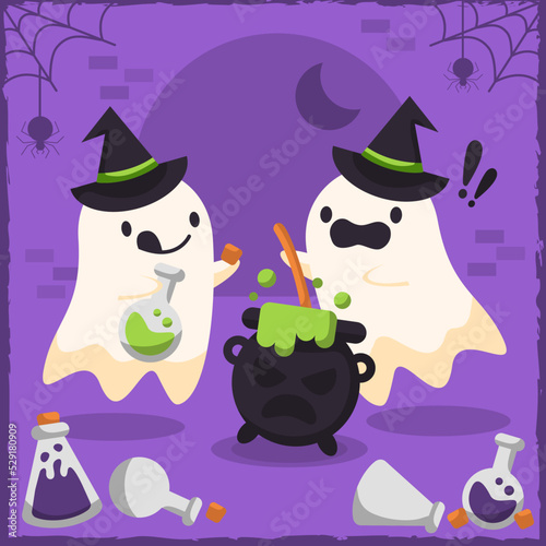 Fototapeta Cute Halloween ghosts making a spell in a cauldron.