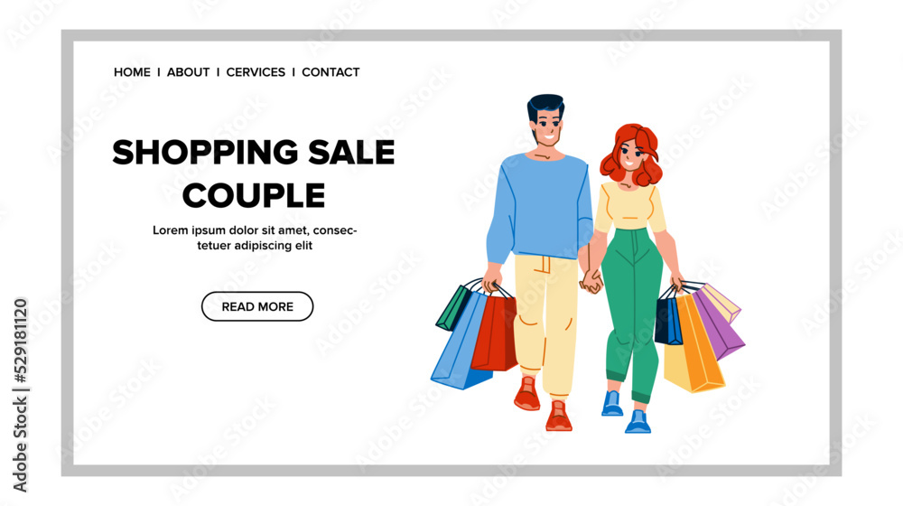 shopping sale couple vector. man woman fun, retail shop, happy family shopping sale couple web flat cartoon illustration