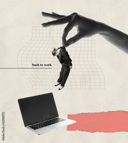 Contemporary art collage. iant female hand holding girl, employee over laptop. Going back to work photo