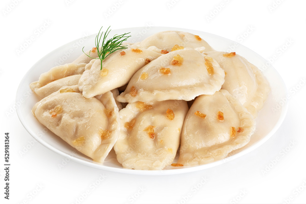 Dumplings with fried onions isolated on white background. Varenyky, vareniki, pierogi, pyrohy with filling. With clipping path. Dumplings with fried onions isolated on white background. Varenyky, vareniki, pierogi, pyrohy with filling. With clipping path.