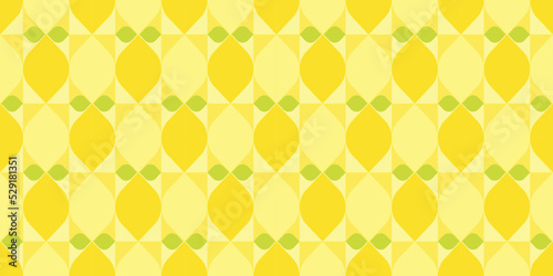 Rectangular yellow lemon themed background. Geometric seamless fruit pattern motif. Simple flat vector illustration, citrus and leaves. For backdrops, covers, prints, fabrics, and wallpapers.