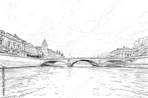 Paris city sketch. Bridge drawing. Seine river. France. Hand drawn vector illustration
