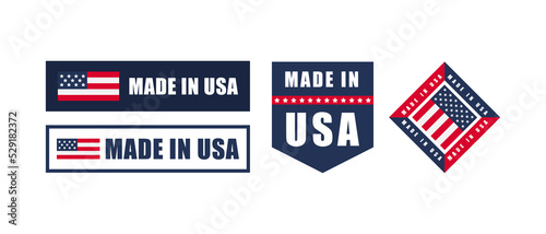 Made in USA label set. Made in USA stamp. Big set of label, stickers, pointer, badge, symbol and page curl with American flag icon on design element.
