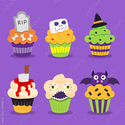 Cute and delicious Halloween cupcakes set.