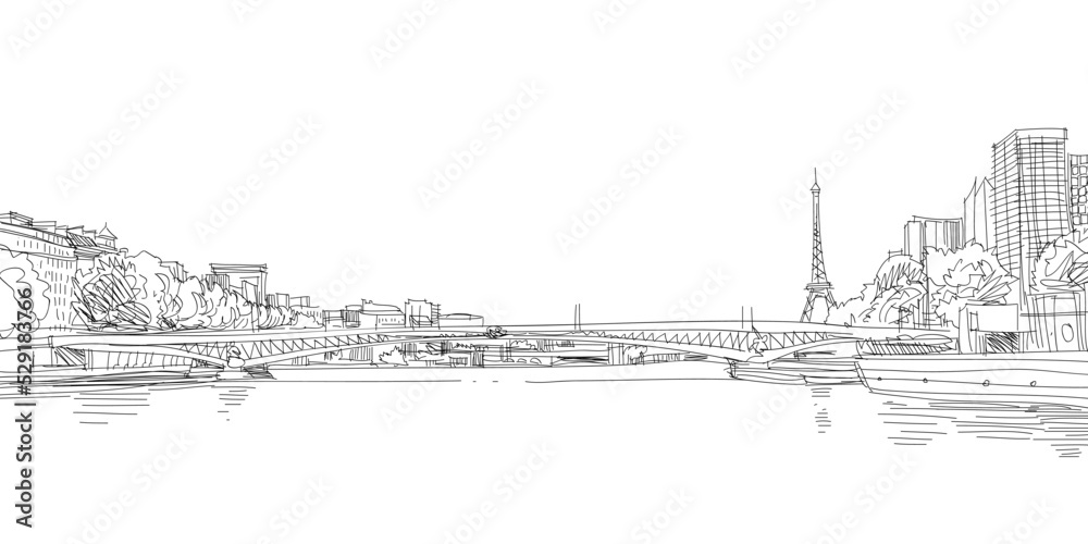 View of the bridge Le Pont de Bir-Hakeim and the Eiffel Tower. River Seine. Paris, France. Urban sketch. Hand drawn vector illustration View of the bridge Le Pont de Bir-Hakeim and the Eiffel Tower. River Seine. Paris, France. Urban sketch. Hand drawn vector illustration