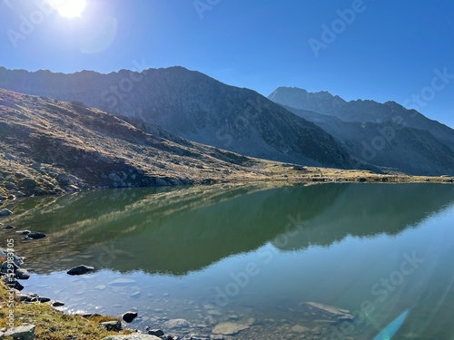 Alpine lakes above the Fl  elapass mountain pass and in the Silvretta Alps  Swiss Alps massif   Davos - Canton of Grisons  Switzerland  Kanton Graub  nden  Schweiz 