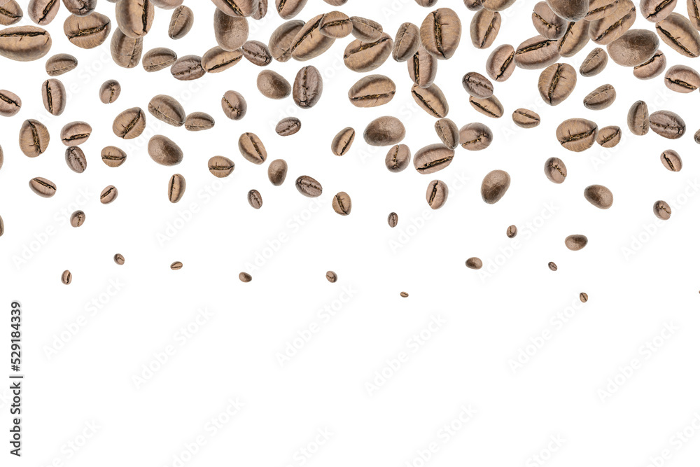 Obraz premium Coffee beans fall background. Black espresso coffee bean falling. Aromatic grain flying isolated on white. Concept for coffee product advertising.