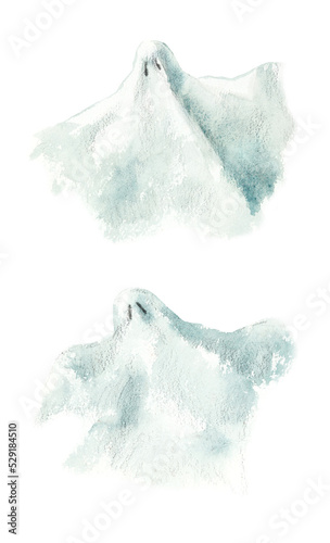 Two white ghosts. Watercolor hand drawn illustration