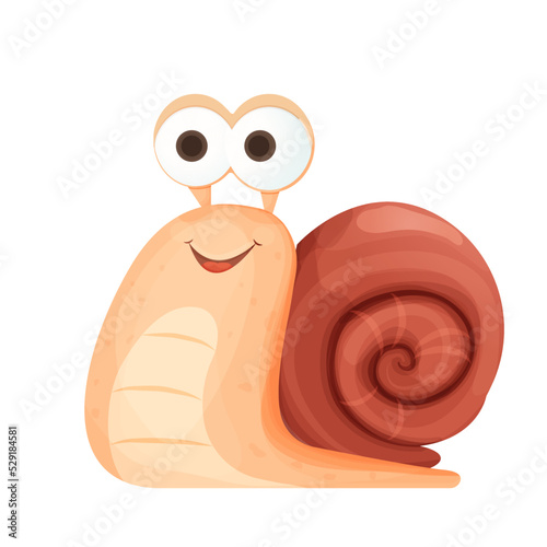 Snail funny cheerful and smiling character with shell in cartoon style isolated on white background. Cute character, positive emotion. Character slug