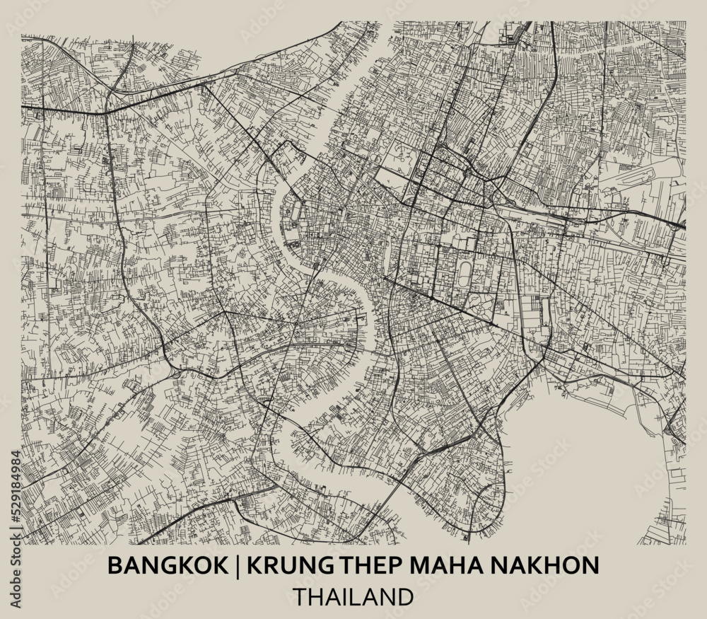 Fototapeta premium Bangkok/Krung Thep Maha Nakhon (Central Thailand) street map outline for poster.