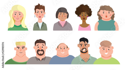 Cartoon men an women portraits set. Male and female various age people icons collection.Vector illustrations.