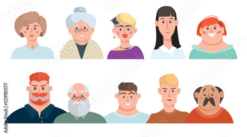 Cartoon men an women portraits set. Male and female various age people icons collection.Vector illustrations.