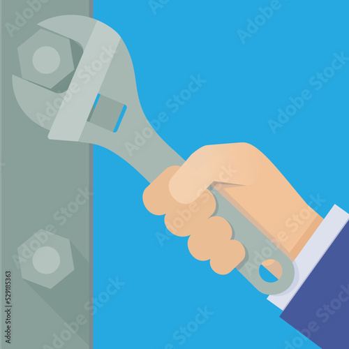 A hand holding an adjustable wrench tightens a nut on a metal bar (flat design)