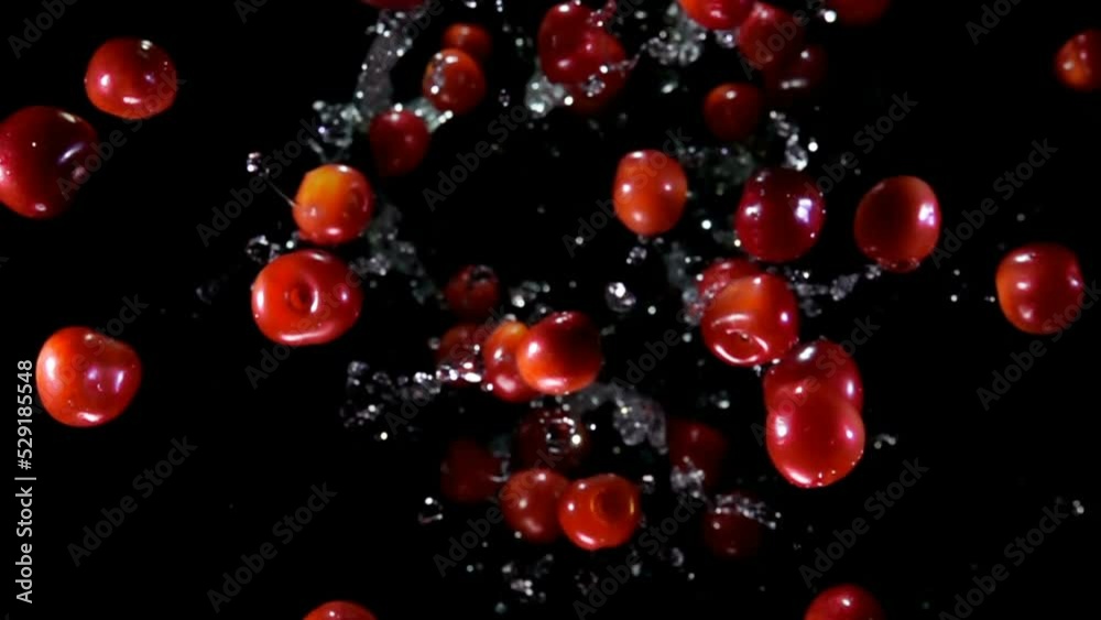 Close-up of the cherry bouncing with splashes of water to the camera Close-up of the cherry bouncing with splashes of water to the camera