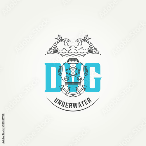 underwater diving club line art icon logo template vector illustration design. modern diving helmet and ocean element logo concept