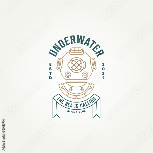 vintage underwater diving club classic line art icon logo template vector illustration design. retro antique diving helmet logo concept