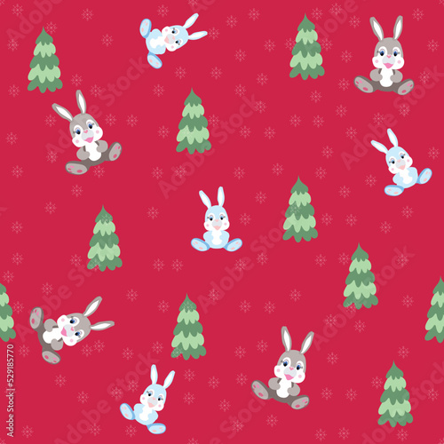 The year of the rabbit according to the Chinese calendar is 2023. Vector seamless pattern of a toy pink and brown rabbit, green firs, snowflakes. Handmade drawings for a poster, postcard 