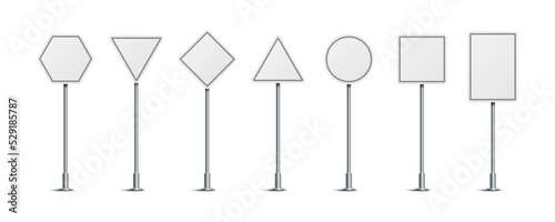 Vector illustration of blank road signs isolated on white background. Set of traffic signs with place for text. Collection of realistic white traffic control signs on metal poles. 
