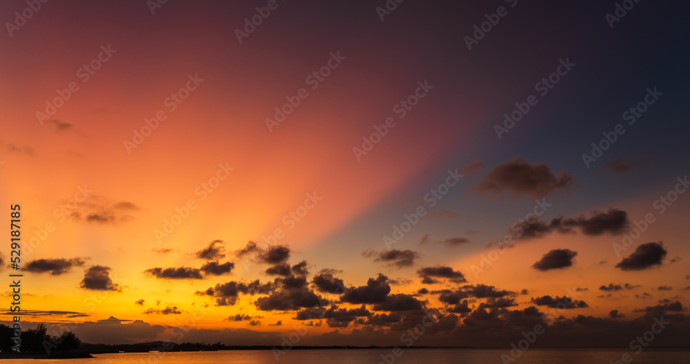 Dusk sky over sea in the evening with colorful orange sunlight on twilight