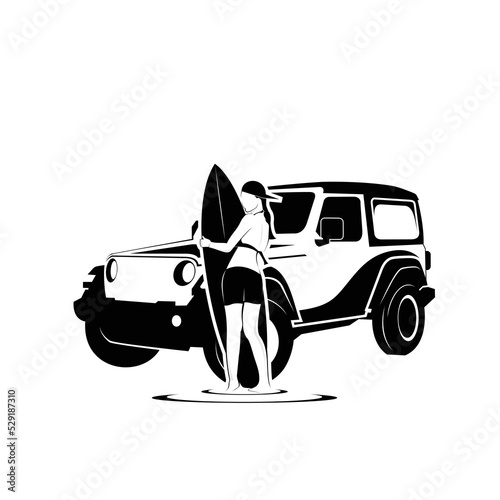 woman surfing and car icon