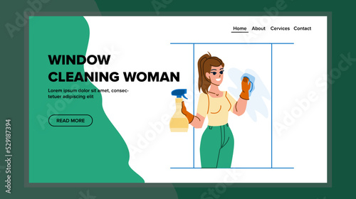 window cleaning woman vector. home wash, glass spray, house maid window cleaning woman web flat cartoon illustration