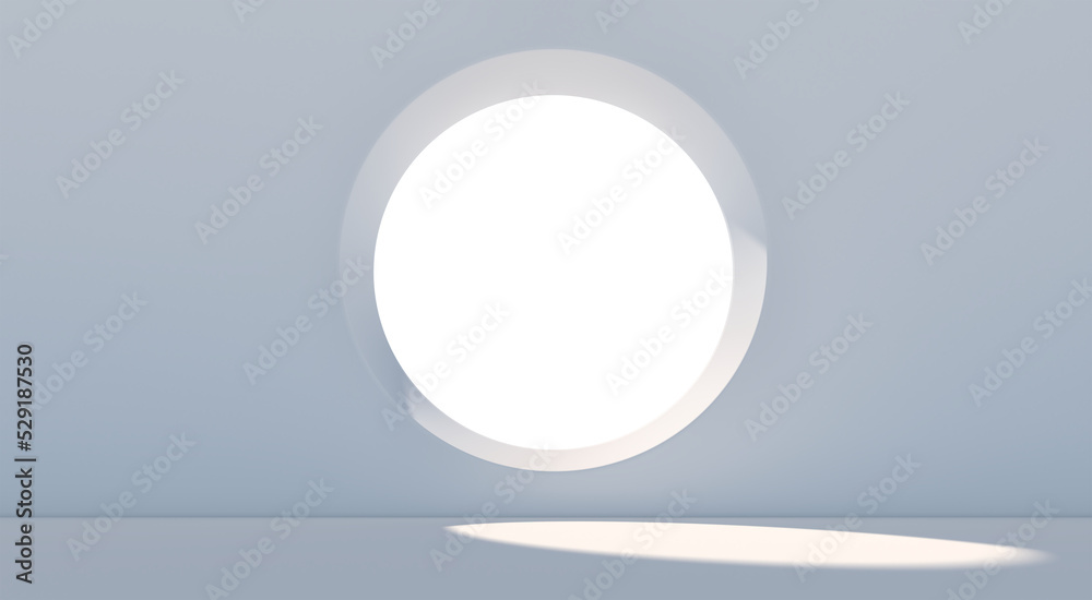 White room with a round window mockup. 3D Rendering - obrazy, fototapety, plakaty 