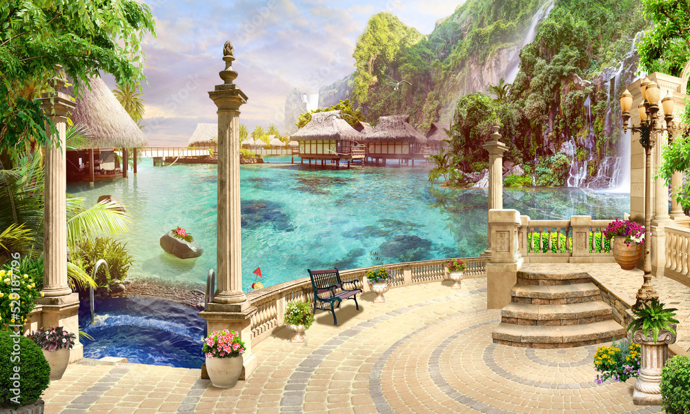Fototapeta premium Digital illustration, sea view, rocky waterfall and bungalow. Photo wallpapers. Mural on the wall.