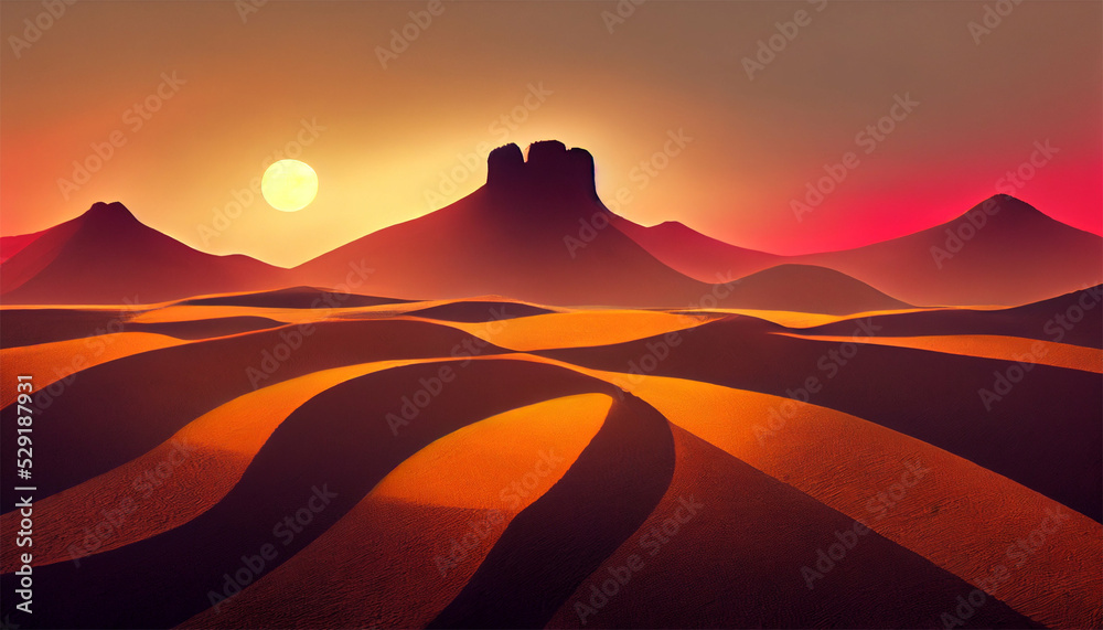 An Illustration of an orange desert with the sun setting at the horizon