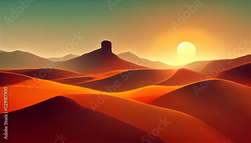 An Illustration of an orange desert with the sun setting at the horizon