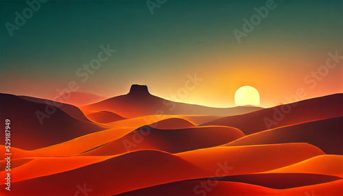 An Illustration of an orange desert with the sun setting at the horizon