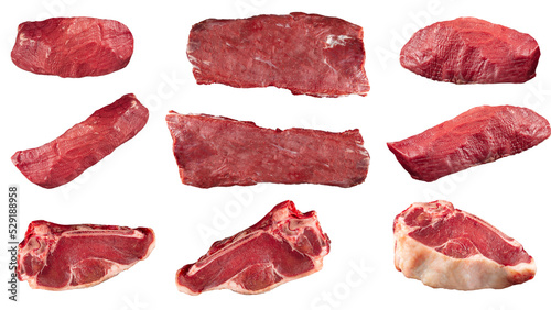 Collage of isolated png raw beef meat pieces