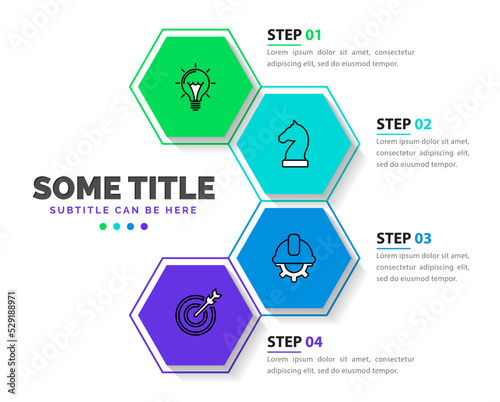 Infographic template. 4 hexagons with icons and text