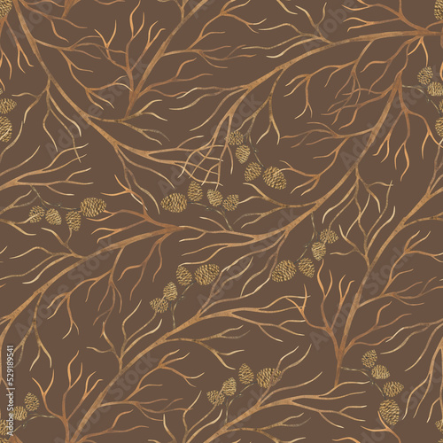 Dry branches and cones. Intertwined tree branches. Tree seamless pattern. Watercolor pattern in shades of brown.