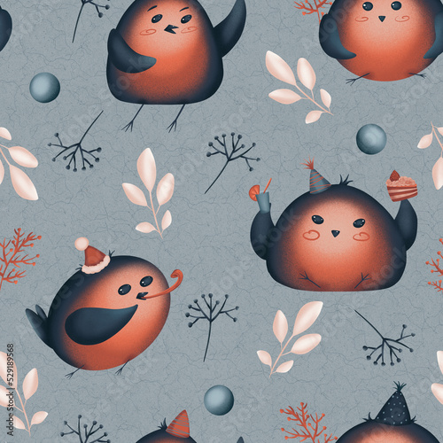 Snowbirds and plants. Holiday birds in hubcaps. Winter branches of flowers. Seamless digital pattern on gray background. I