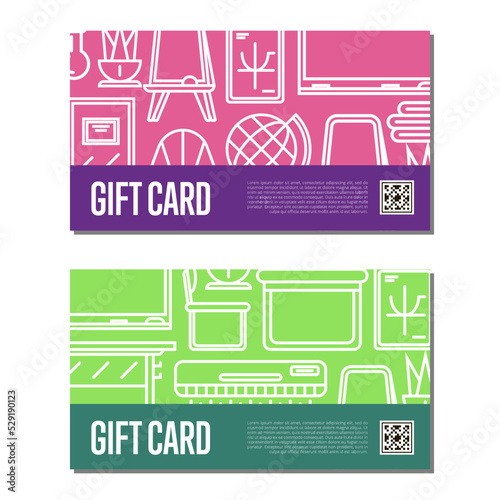 Gift vouchers for classroom furniture. School interior design certificate, class decoration discount card. Desk, door, floor whiteboard, globe, air conditioner, blackboard linear vector illustration