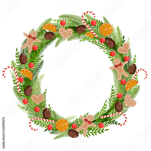 Christmas wreath made of natural pine, twigs, cones, garland, gingerbread men, sweets, cookies and dried orange for postcards, posters, banners. Illustration of Merry Christmas and New Year.