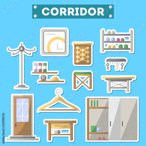 Corridor furniture icon set. Home interior design, modern apartment decoration isolated elements. Interroom door, clothes hanger, bookshelf, cupboard, tabouret, table, key hanger vector illustration.