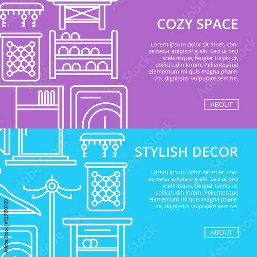 Cozy corridor space linear poster set. Home interior design, stylish apartment decoration and renovation. Interroom door, clothes hanger, bookshelf, cupboard, tabouret, table vector illustration