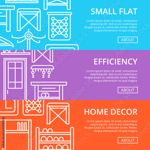 Efficiency hallway space decoration linear poster set. Small flat interior design, stylish apartment renovation. Interroom door, clothes hanger, bookshelf, cupboard, tabouret vector illustration