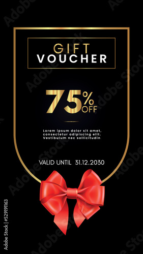 75% off coupon gift voucher template with red bow and gold decorative frames on black background. Premium design for discount cards, discount labels, coupon code, gift certificate, summer sale.