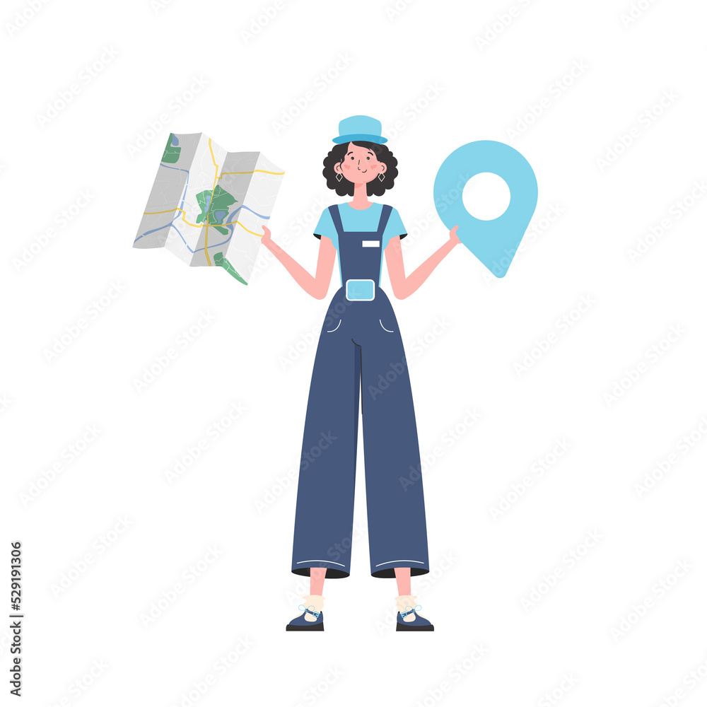 Girl water delivery operator holding a map. Stylish character is depicted in full growth. Girl water delivery operator holding a map. Stylish character is depicted in full growth.
