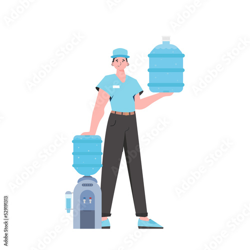 A man is holding a bottle of water. Delivery concept. Stylish character is depicted in full growth. 