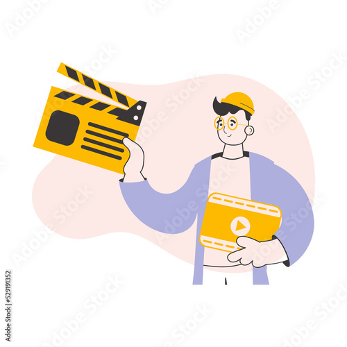 Blogger guy. Video blogging and podcast concept. Line art style. 