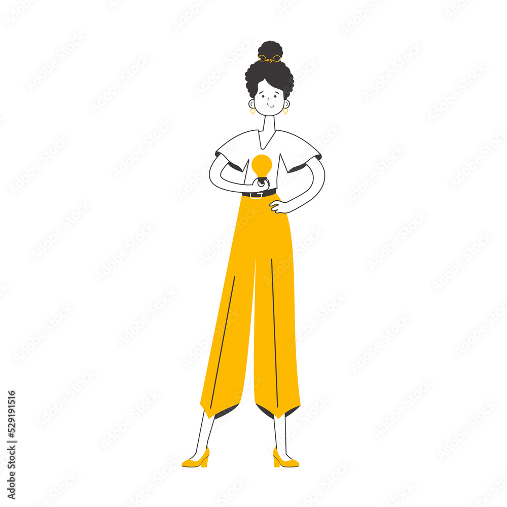 Girl and light bulb. Idea concept. Linear trendy style. Girl and light bulb. Idea concept. Linear trendy style.