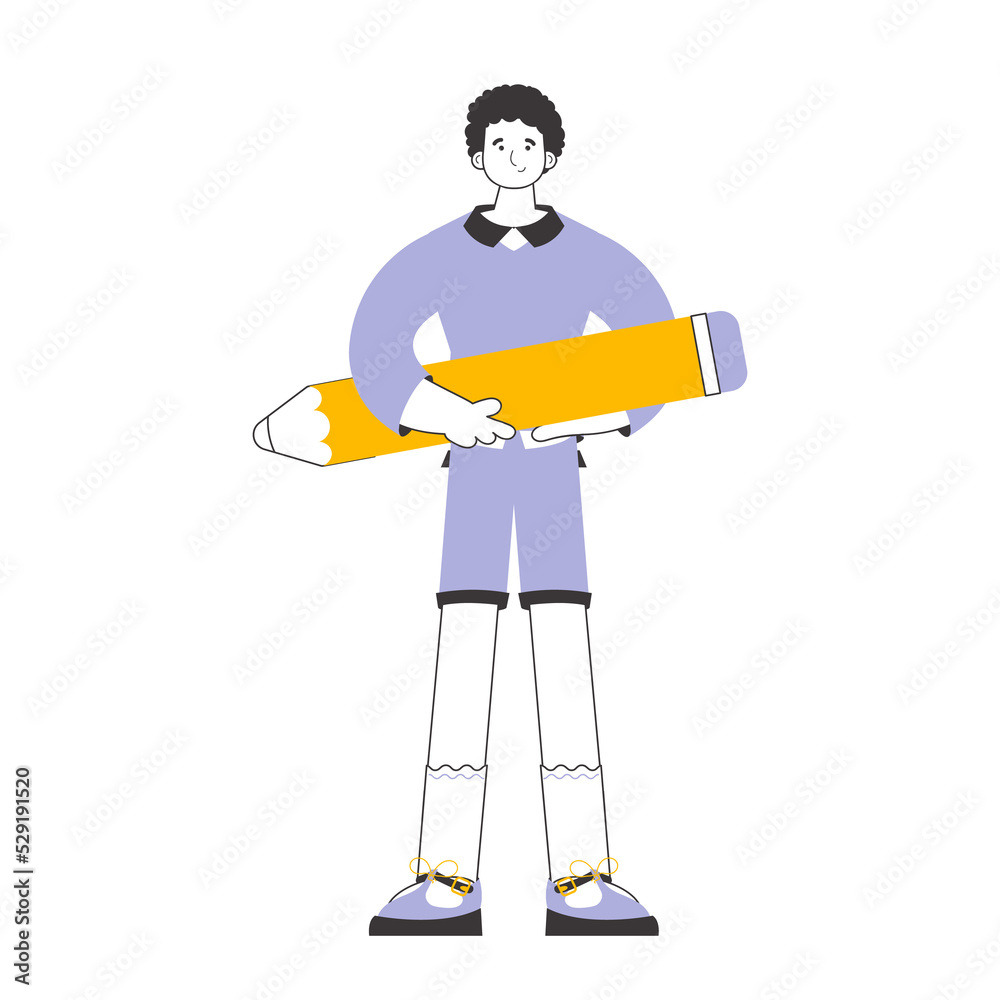Fototapeta premium The man is holding a pencil. Line art style.
